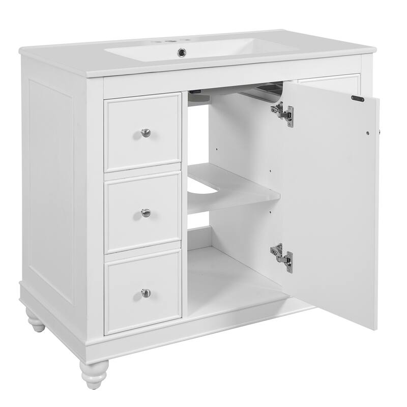 Bathroom Vanity Storage Cabinet with 4 Drawers, Removable Dividers, Adjustable U-shaped Shelf and Silver Handles