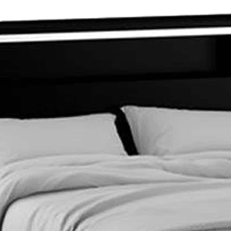 Cari King Size Bed w LED Lit Bookcase Shelf, Black, Chrome, Solid Wood
