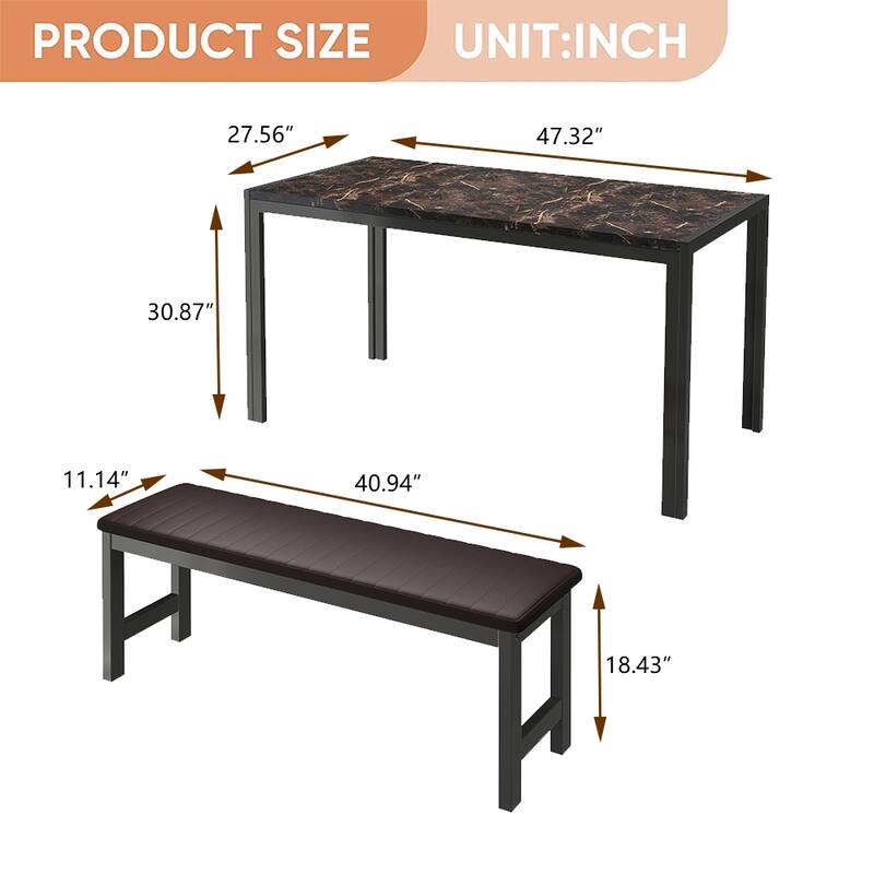 3-Piece Dining Table Set, Kitchen Table & PU Benches for 4