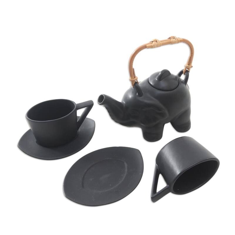 Novica Handmade Tea With Elephants Ceramic Tea Set For Two (5 Pcs)