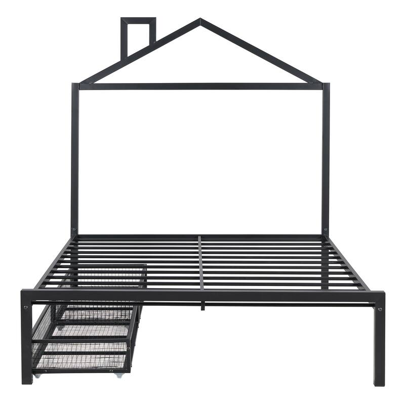 Twin Size Metal Platform Bed with House Design and 2 Storage Drawers
