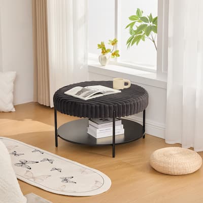 Modern Round Coffee Table with Open Storage Shelf with Black Metal Legs, for Living Room Bedroom Entryway