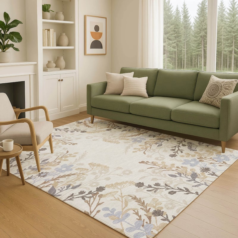 Machine Washable Indoor/ Outdoor Floral Border Chantille Rug