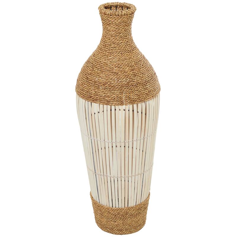 Brown Seagrass Handmade Wrapped Tall Floor Vase with Open Framed Cream Bamboo Center