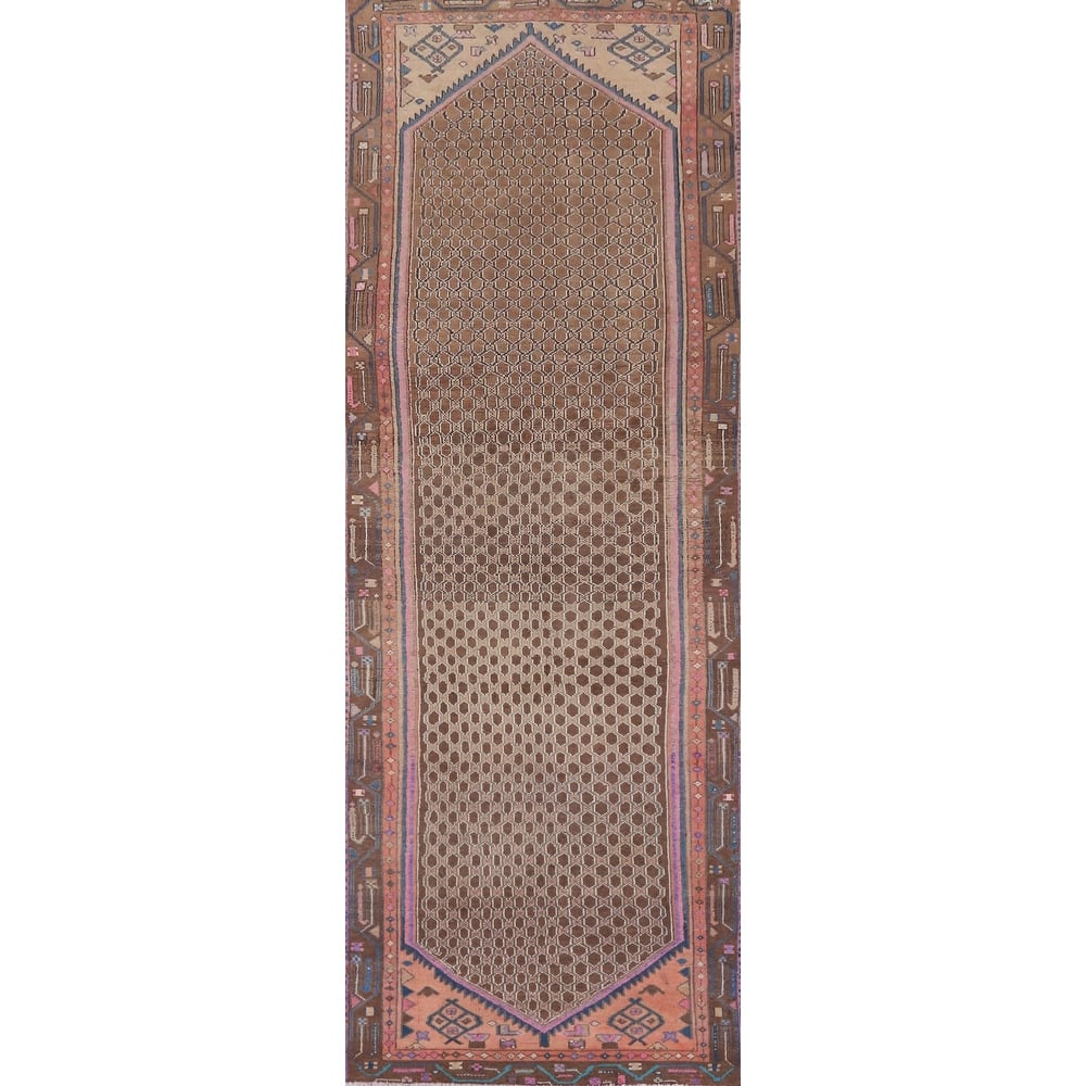 Hand Knotted Oriental 100% Wool Carpet Traditional Geometric Brown Koliaei Runner Rug - 11' 2'' X 3' 5''