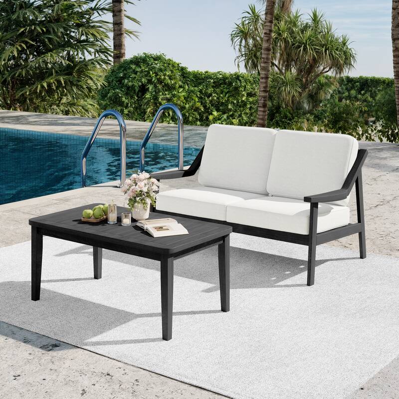 2-piece Brown/ Black Teak Cushioned Patio Loveseat Set with Coffee Table - BlackFrame-Beige