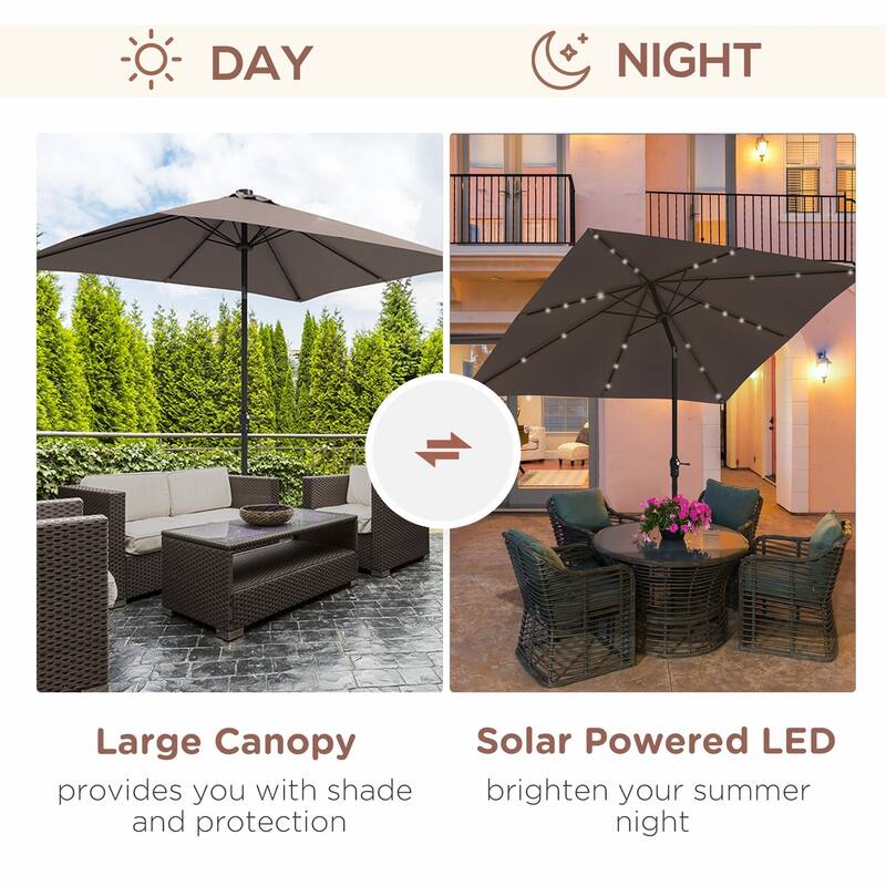 Outdoor terrace umbrella with tilting mechanism and LED lighting