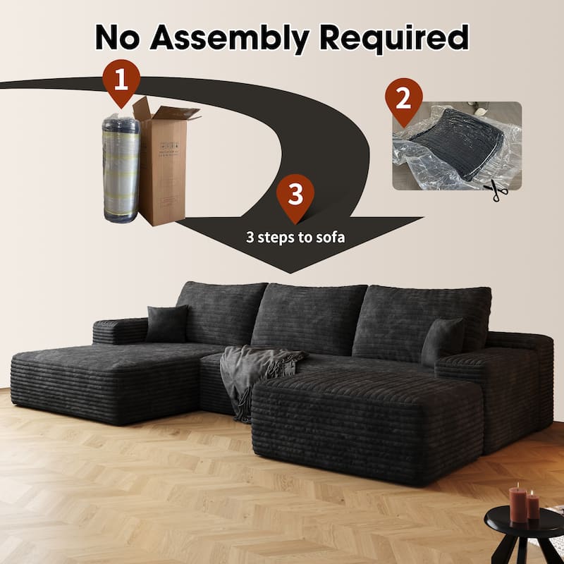 Living Room Corduroy U-shaped Chaise Sectional Sofa with Ottoman, Modern Floor Standing Deep Seat Cloud Upholstered Couch