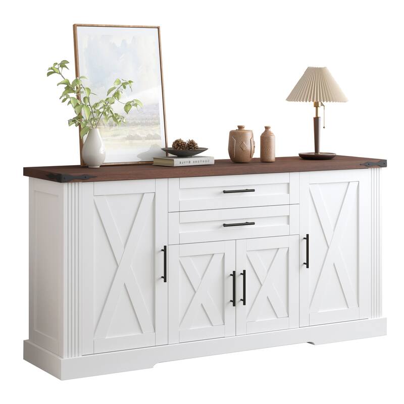 Coffee Bar Cabinet with Barn Doors & Drawers, Sideboard with Adjustable Shelves & Door Rack, Large Kitchen Storage Cabinet