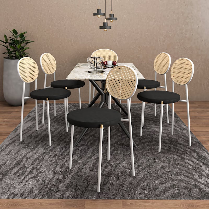 LeisureMod Euston Modern Dining Chair with Upholstered Velvet Seat - Wicker Back and White Stainless Steel Legs Accent Chair