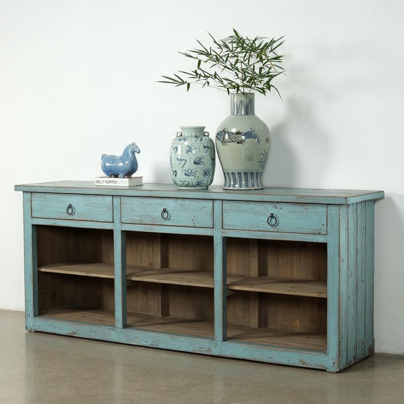Approx. 91 Inches Wide Counter Table with Three Drawers Distressed Blue