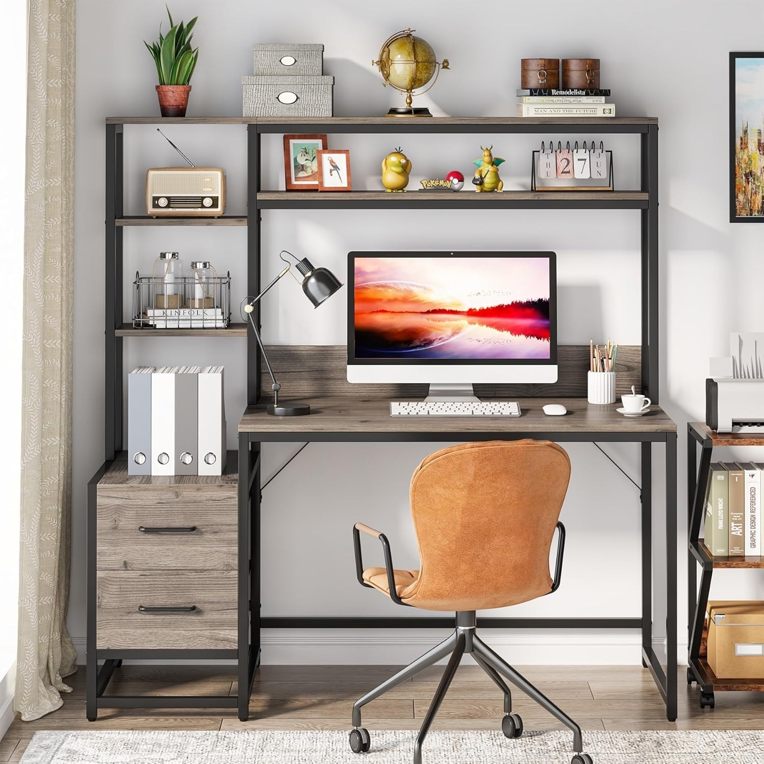55" Grey Computer Desk with Hutch, 2 Drawers & Open Shelves