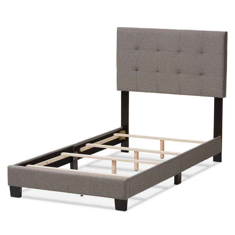 Light Grey Twin Bed with Upholstered Grid-Tufting and Solid Wood Legs, Modern Contemporary