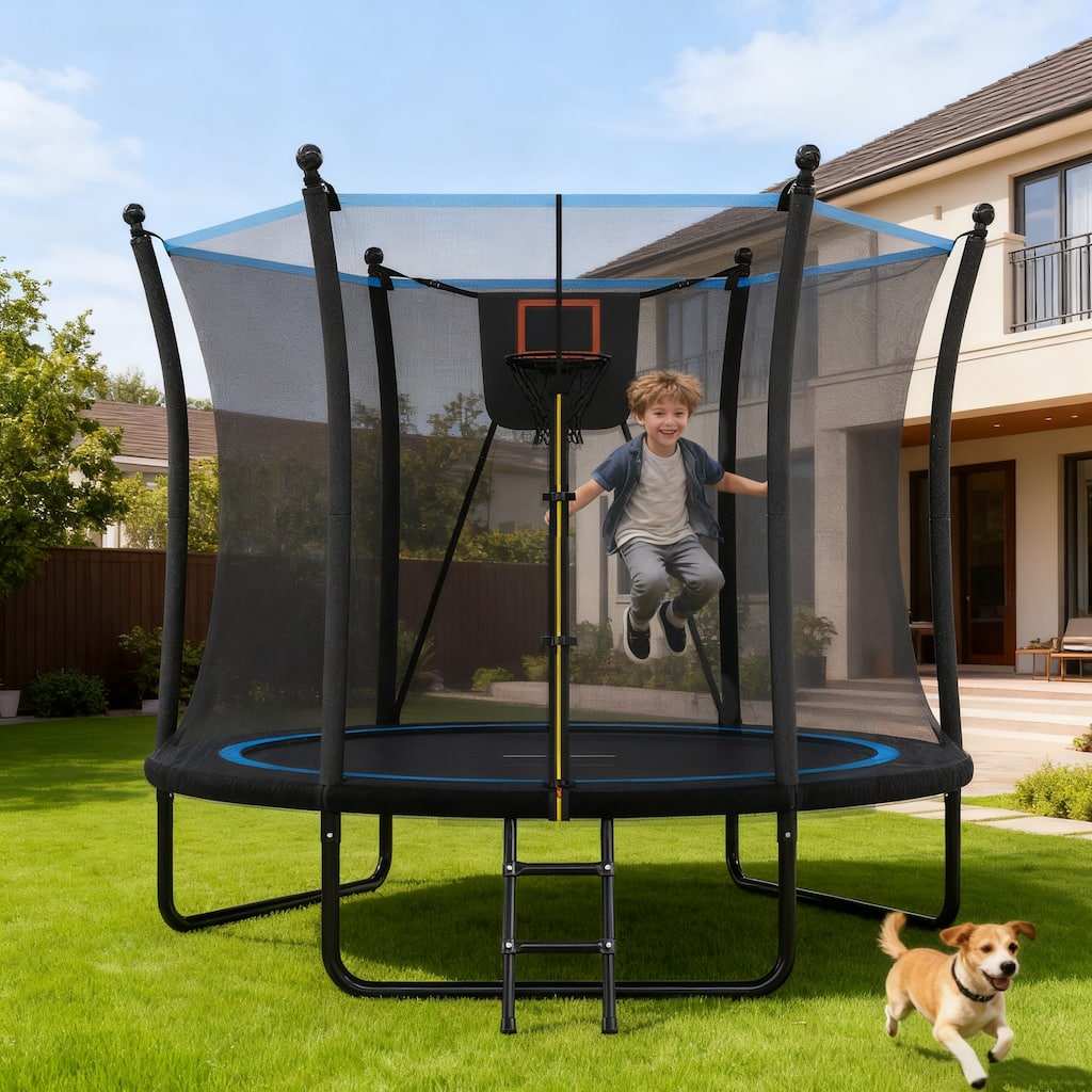 Kids Recreational Trampoline - Safety Enclosure Net, Ladder, Outdoor Backyard Fun - Black - 96