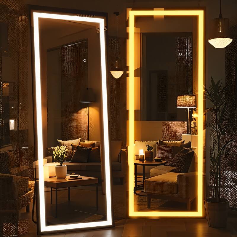 67x20 Inch Full Length Mirror With Lights,Full Body Dressing Standing, Hanging Mounted Mirror,Square Black - Black