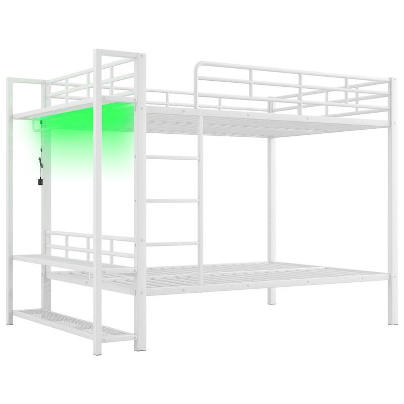 Full Size Metal Bunk Bed with Storage Mesh Shelves, Clothes Hooks and LED Light