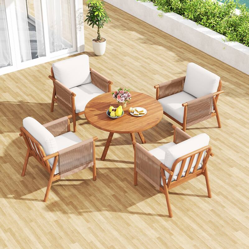 Gymax 4PCS Patio Acacia Wood Chair w/ Woven Rope Armrests & Seat Back
