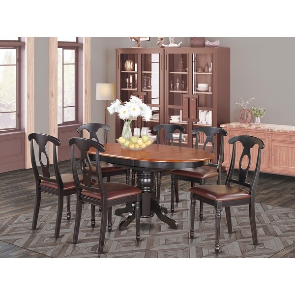 East West Furniture 7-PC Dining Set - Pedestal Dining Table and 6 Dining Chairs - Black & Cherry Finish (Chair Seat Option). Opens flyout.
