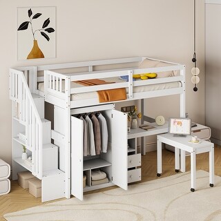 Space-Saving Loft Bed with Shelves Wardrobe, Movable table & Side Desk, Wooden Twin Bed Frmae wiht Storage Stairs & Two Drawers