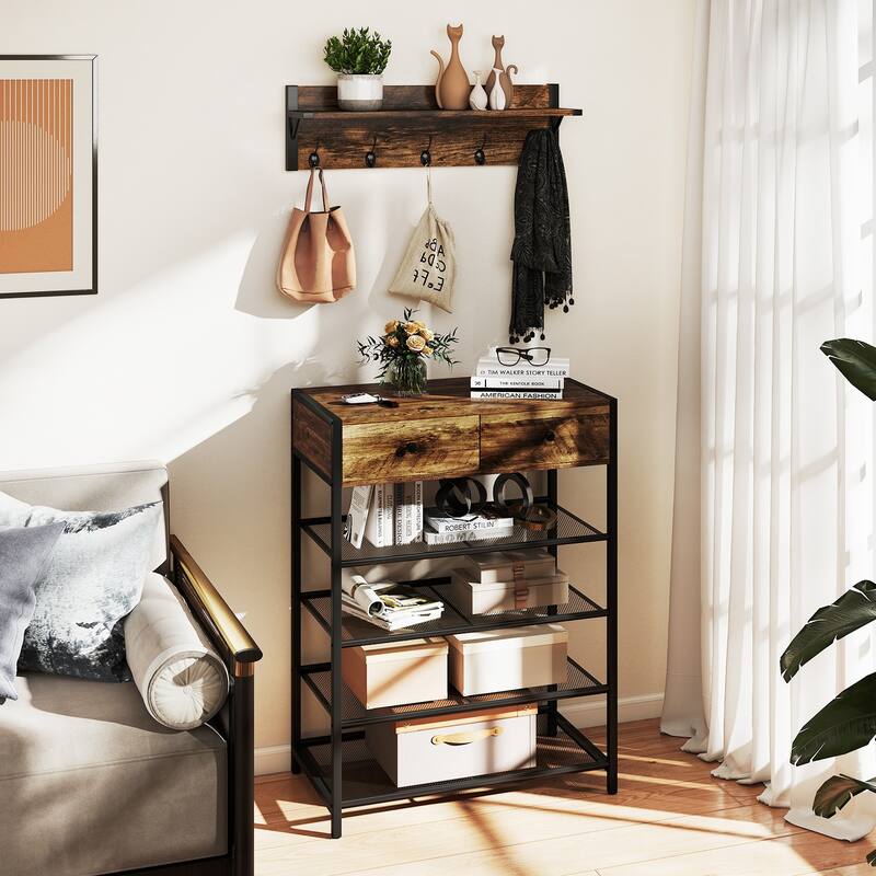 Gymax 5-Tier Shoe Rack w/ Wall-Mounted Coat Rack Hooks Drawers &