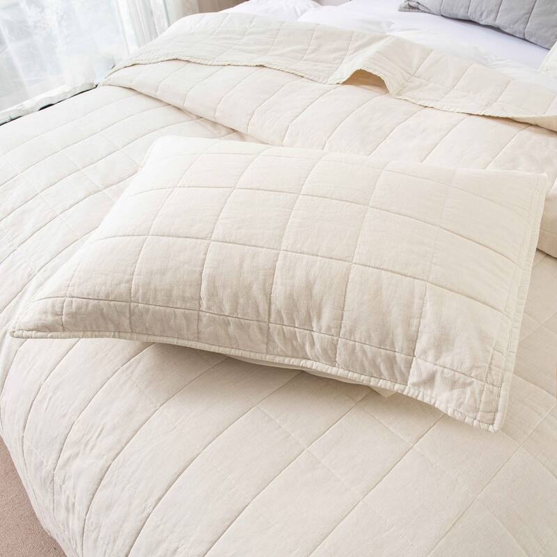 WHOLINENS Box Stitch Stone Washed Linen Blend Quilt & Pillow Shams Set