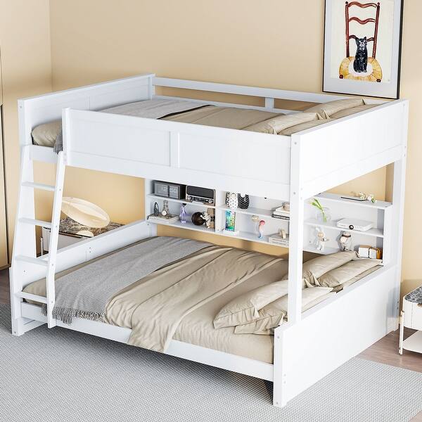 slide 2 of 25, Wood Full XL over Queen Bunk Bed with Shelves, Storage Cabinets, USB Ports, Bunk Bed Frame w/Slats Support, No Box Spring Needed White
