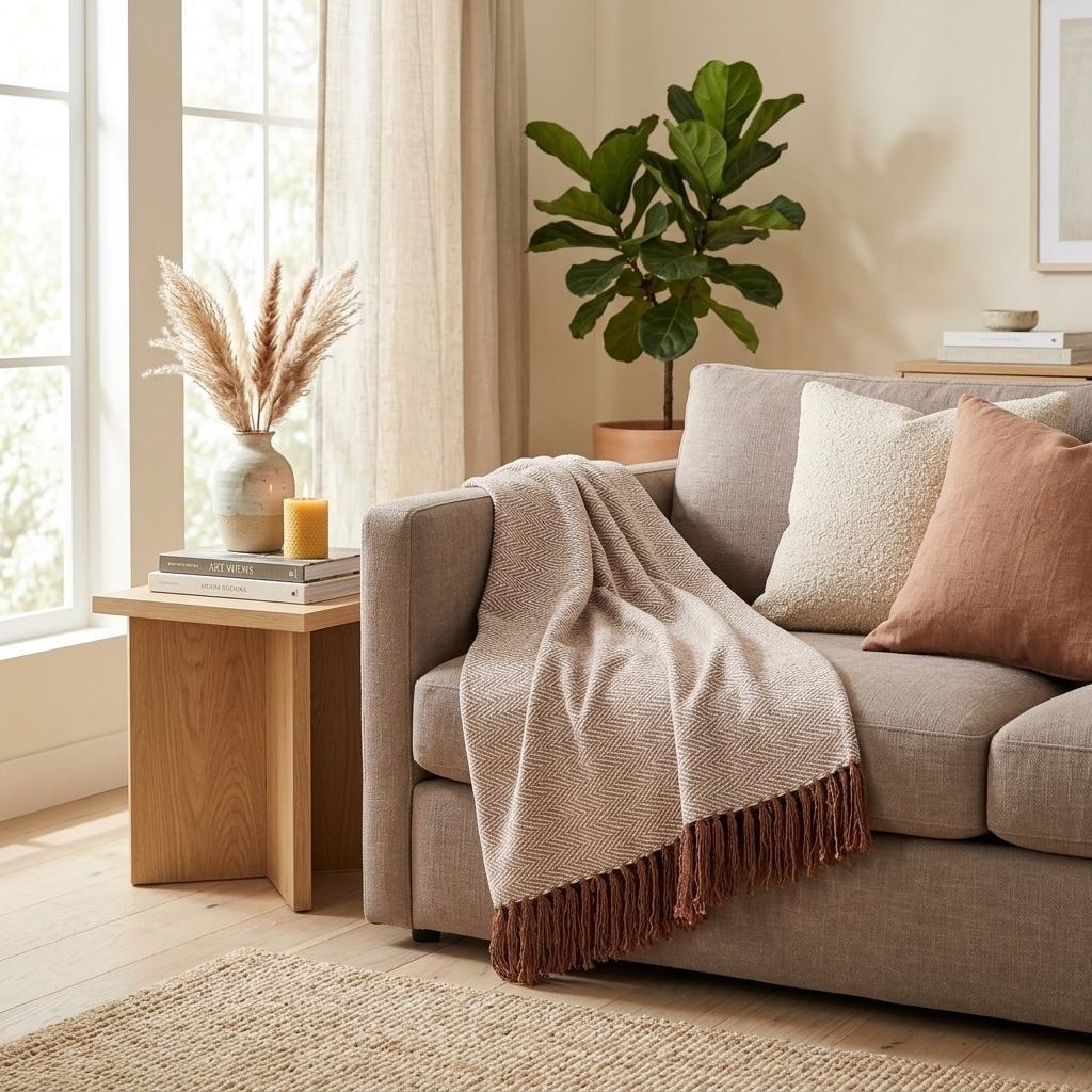 HomeRoots 50" X 60" Beige and Brown Woven Cotton Herringbone Throw Blanket with Fringe