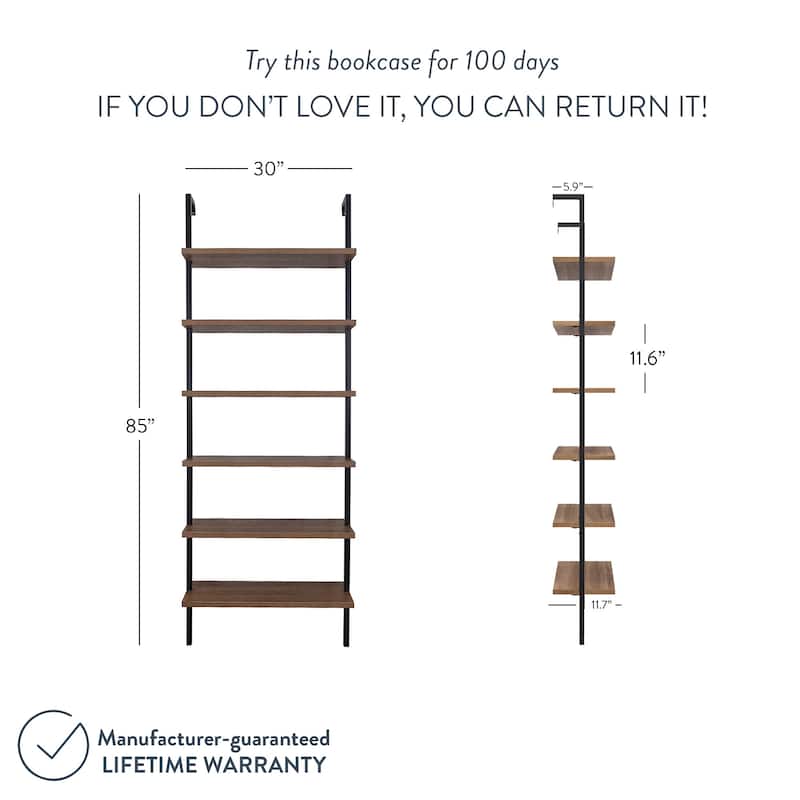 Nathan James Theo 6-Shelf Tall Bookcase, Wall Mount Bookshelf Wood with Metal Frame