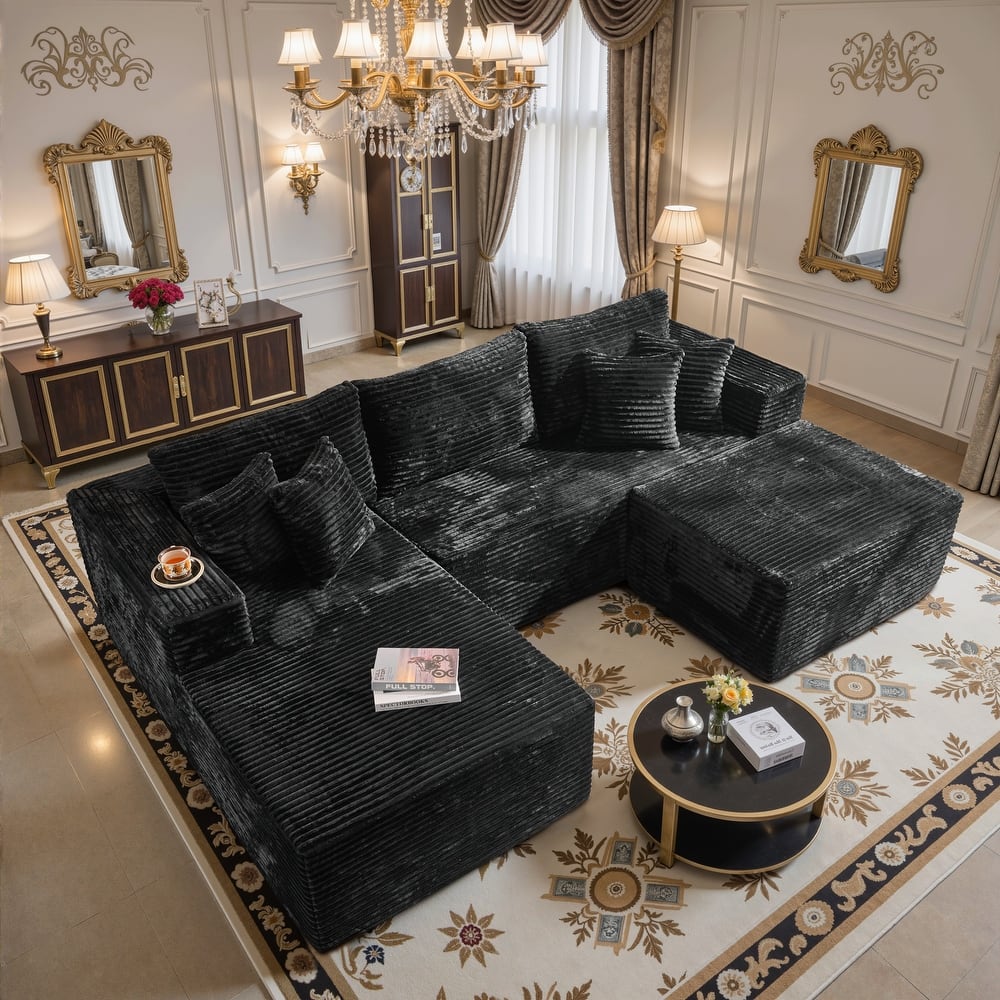 HOOOWOOO Modern Plush Corduroy L-shaped Sofa Chaise Lounge with Ottoman