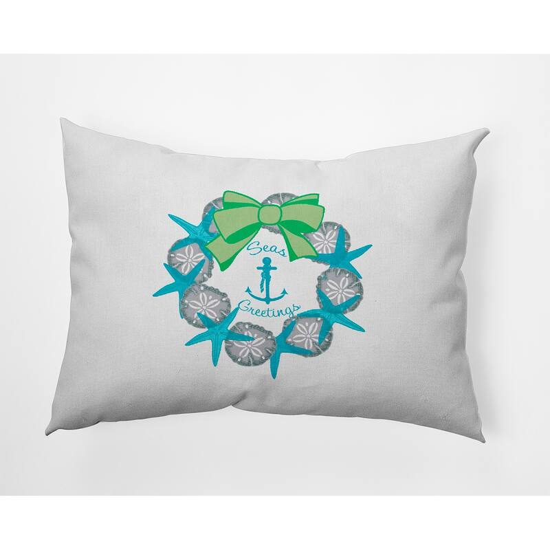 Seas and Greetings Wreath Beachy Christmas Indoor/Outdoor Christmas Throw Pillow - 14" x 20" - Turquoise