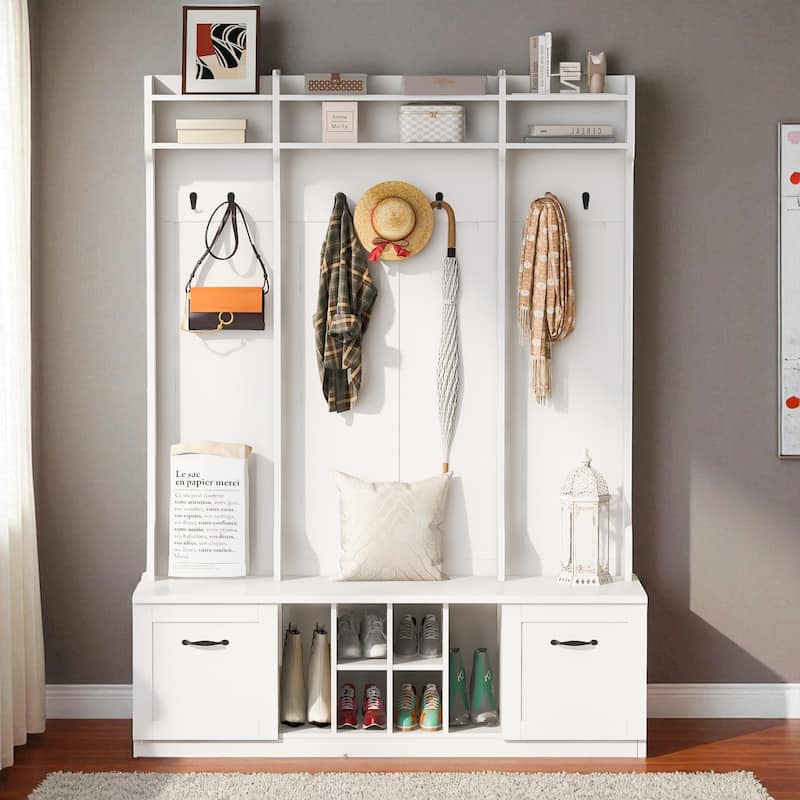 58.8 in Wide Hall Tree with Bench, 7 Hooks, 2 Drawers, Adjustable Shelves, Entryway Coat Rack Organizer, 76.7 in H