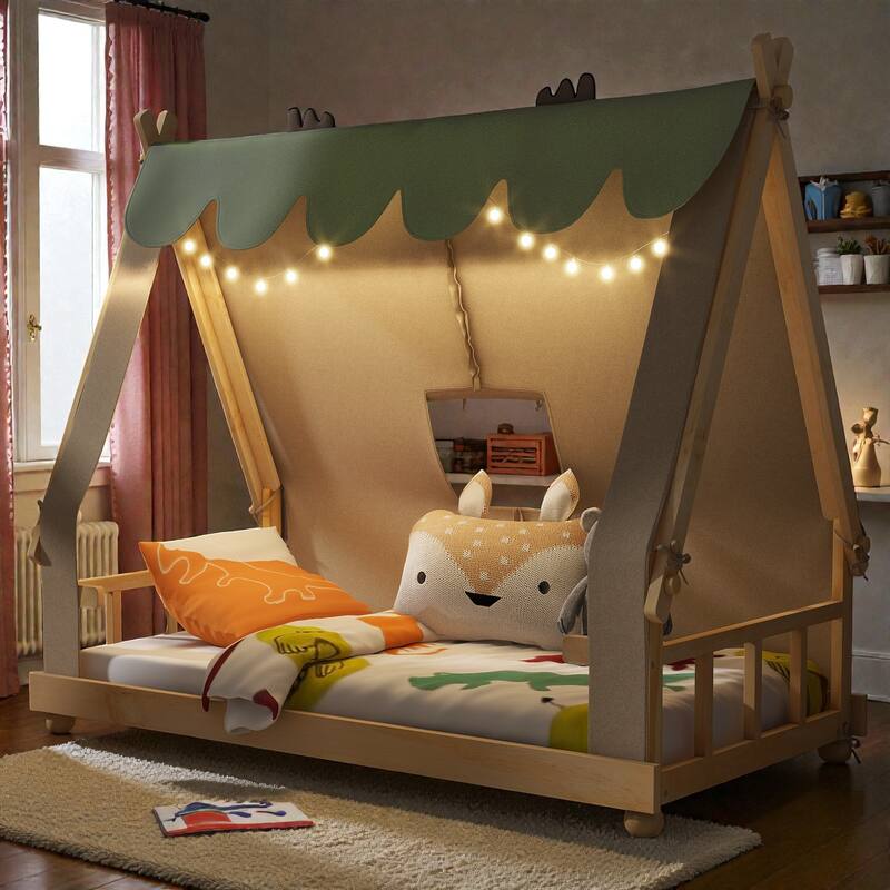 Twin/Full House Bed with Detachable Tent and Skylight, Kids Cabin Bed with Canopy, Light, and Forest-Themed Accents