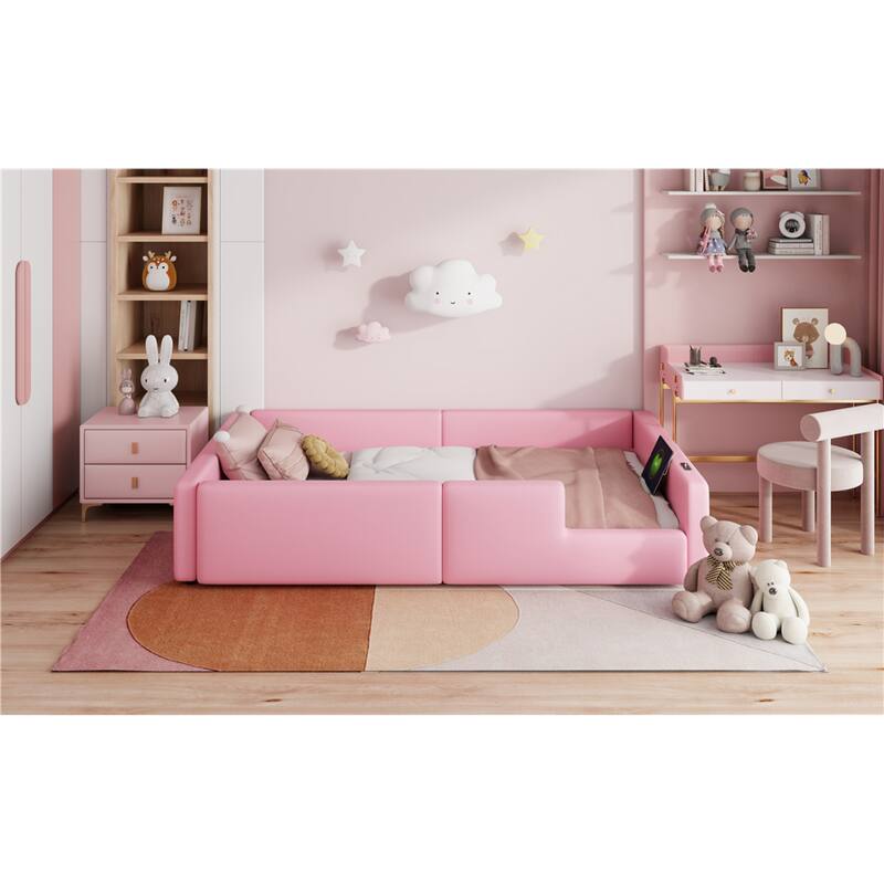 Roomfitters Twin Size Upholstered Floor Bed with USB Charging Ports and High Guardrails, Modern Padded Bed Frame