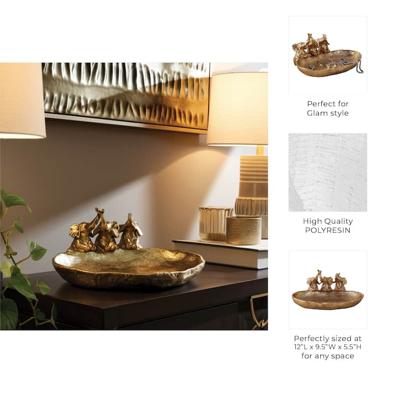 Resin Bowl Three Elephants Figurines Glam Catchall Tray - 12" Gold - 12" x 9.5" x 5.5"