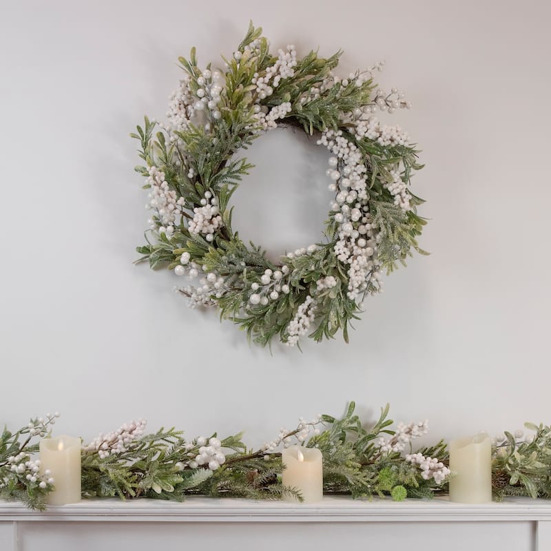 Artificial Christmas Wreath with Frosted Foliage and Berries 20-Inch Unlit - 20"