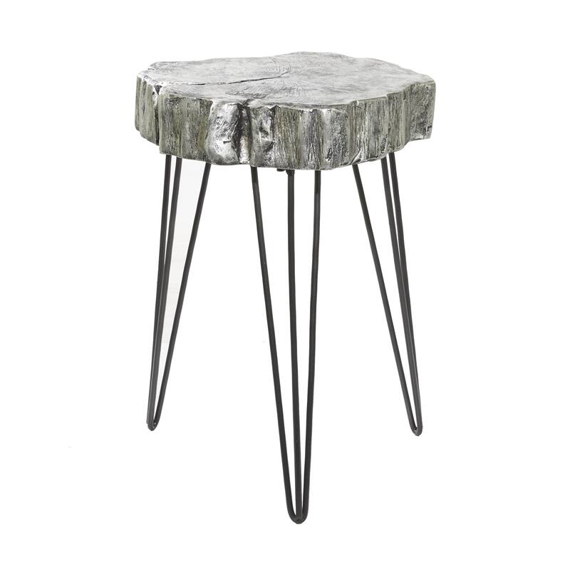 Polystone Tree Trunk Side End Accent Table with Black Hairpin Legs - Gray, Gold - Roche River Decor