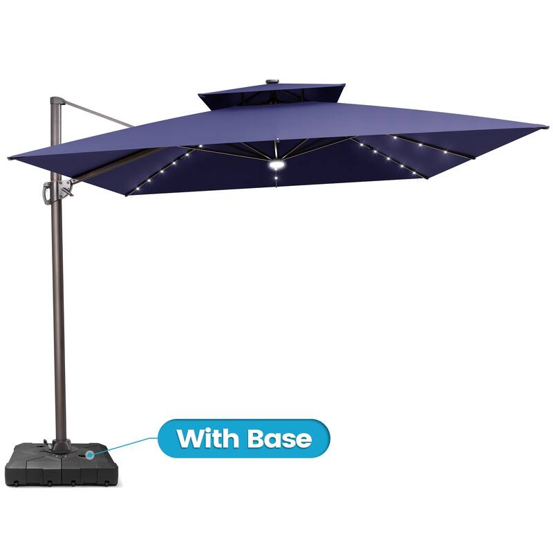 11FT Outdoor Patio Cantilever Umbrella with LED Lights Double Vented Umbrella with Base