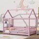 preview thumbnail 3 of 7, Pink Twin Size Wooden Floor Bed with House Roof Frame, Fence Guardrails for Kids, Bedroom