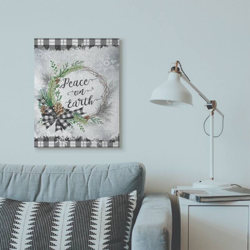 Stupell Peace On Earth Wreath Plaid Holiday Christmas Word Design Canvas Wall Art, Proudly Made in USA - 24 x 30