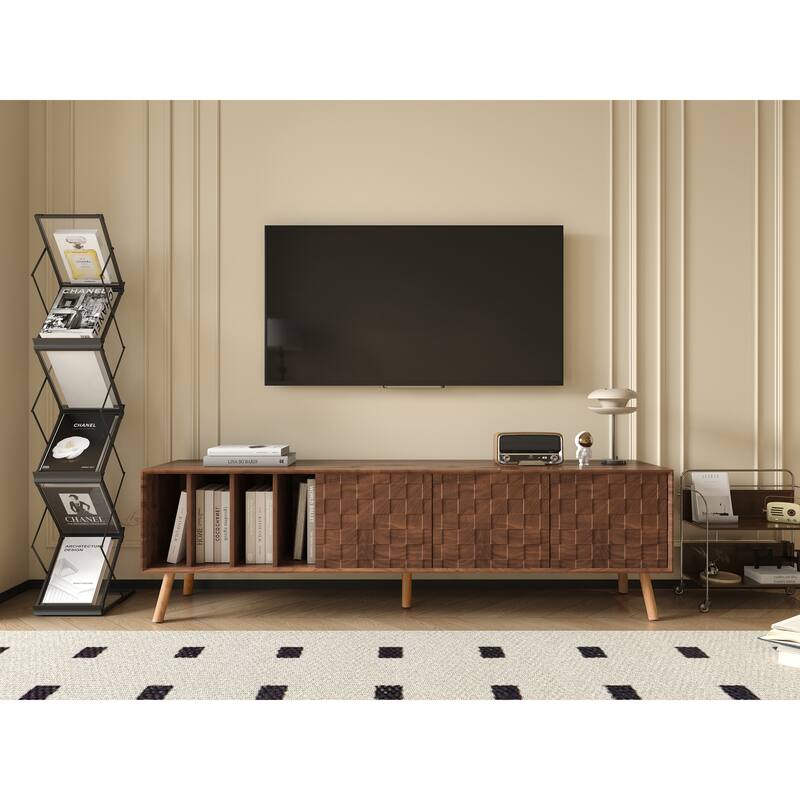 TV Stand with Sliding Doors and Shelves, Entertainment Center with Storage, Media Console Table with 5 Solid Wood Legs