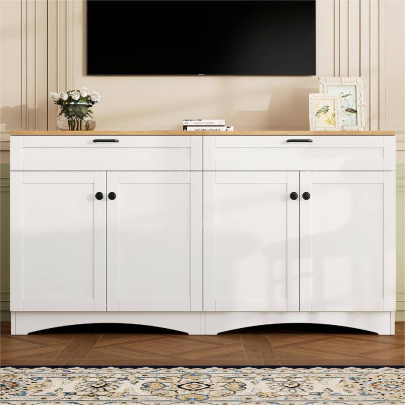 Farmhouse Style TV Stand Versatile Wood Grain Sideboard, for TVs up to 70 Inches with 2 Drawers, for Living Room/Bedroom, White