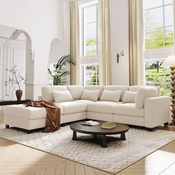 Corduroy Fabric Upholstered Couch Beige L-shaped Modular Sofa - Bed Bath & Beyond