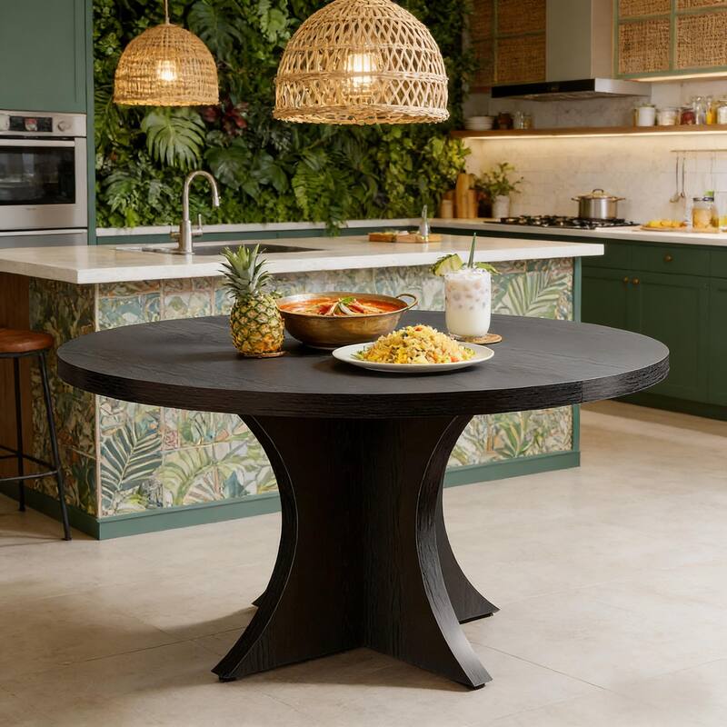 Round Dining Table Home Office Table for 4-6, Wood Coffee Table Kitchen Table with Thick Top & Crossed Base