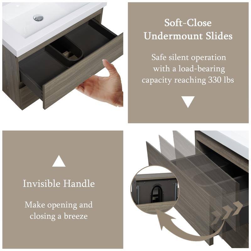 ABRUZZO 30" Floating Single Bathroom Vanity Wall-Mounted with Integrated Resin Top Basin 2 Soft Close Drawers Full Assembly