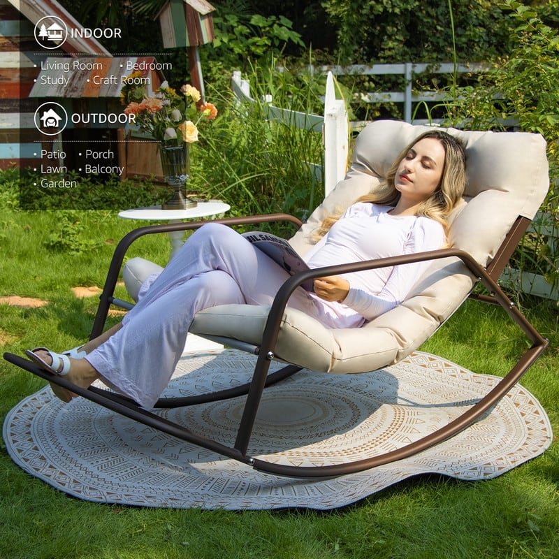 FINCATI Outdoor Patio Oversized Rocking Chair Papasan, Comfy Rocking Lounge Chair, Metal Rocking Chair with Cushion