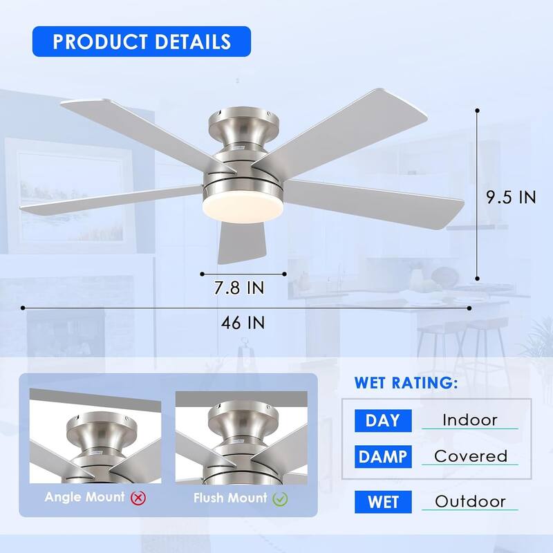 46" Low Profile Ceiling Fan with Light and Remote 3 Color Temperature Dimmiable LED,Powerful Air - 46 Inches