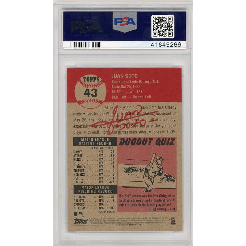 Juan Soto 2018 Topps Living Baseball Rookie Card RC #43 Graded PSA 10 GEM MINT - 8'6" x 11'6"