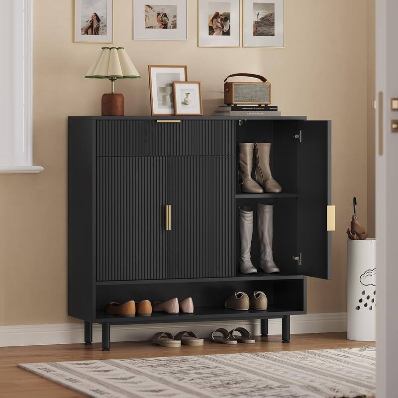 Shoe Storage Cabinet Shoe Organizer 3 Adjustable Shelves Metal Legs - Black - 1-drawer