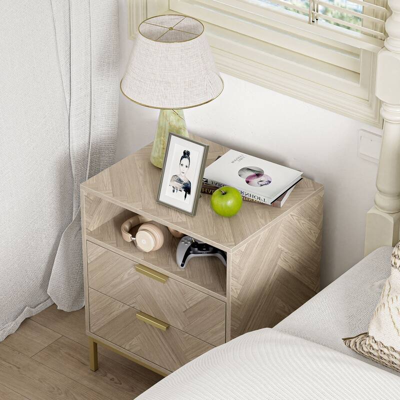 Anmytek Mid-Century 2 Drawer Nightstand Wood Grain Bedside Table Side Table with Open Shelf