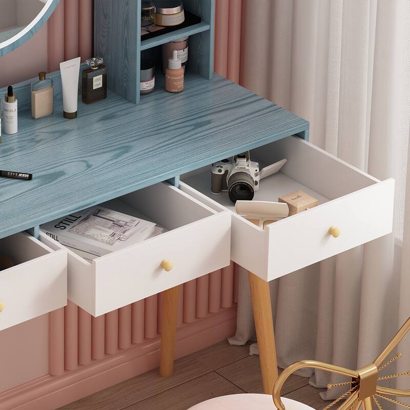 Makeup Vanity Desk with Mirror and Lights, Cute Vanity Makeup Table, 3 Drawers , 3 Lighting Modes